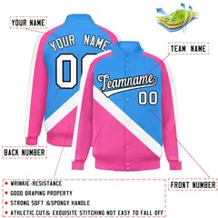 Powder Blue Pink Raglan Full-Snap Letterman Baseball Jacket 2