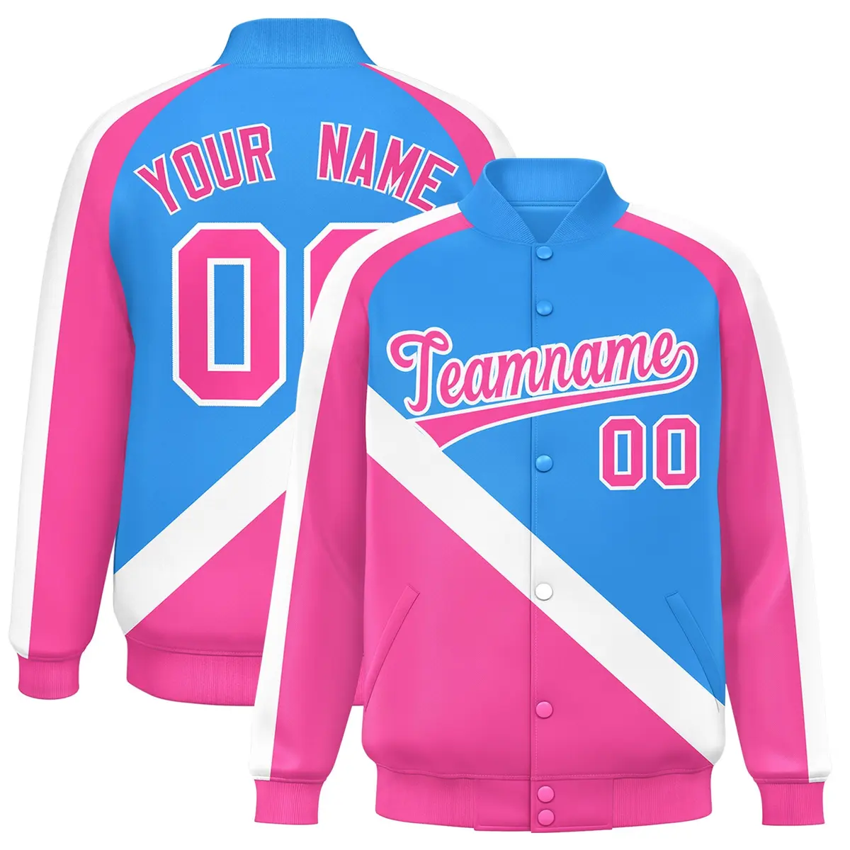 Powder Blue Pink Raglan Full-Snap Letterman Baseball Jacket