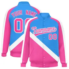 Powder Blue Pink Raglan Full-Snap Letterman Baseball Jacket 1