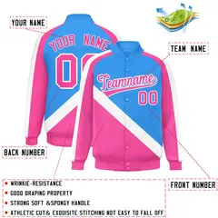 Powder Blue Pink Raglan Full-Snap Letterman Baseball Jacket 2