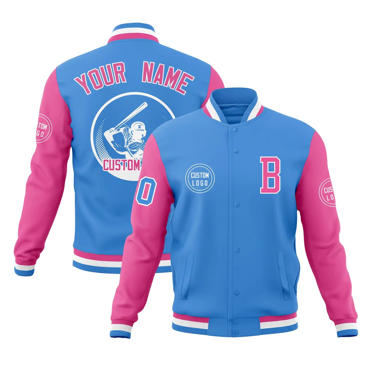 Powder Blue Pink Raglan Full-Snap Varsity Letterman Baseball Jacket