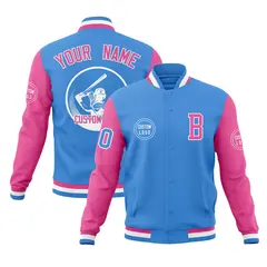 Powder Blue Pink Raglan Full-Snap Varsity Letterman Baseball Jacket