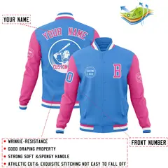 Powder Blue Pink Raglan Full-Snap Varsity Letterman Baseball Jacket 4