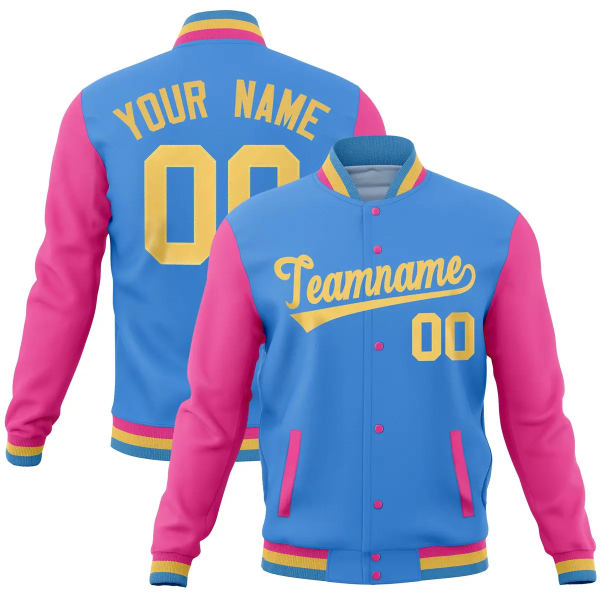 Powder Blue Pink Raglan Full-Snap Varsity Letterman Jacket