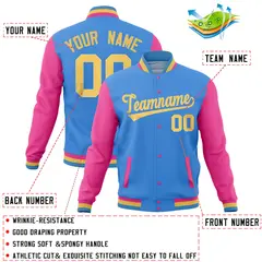 Powder Blue Pink Raglan Full-Snap Varsity Letterman Jacket 4