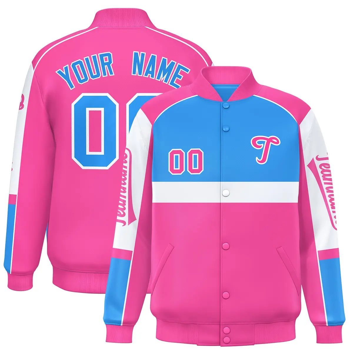 Powder Blue Pink Raglan Sleeves Varsity Letterman Jacket