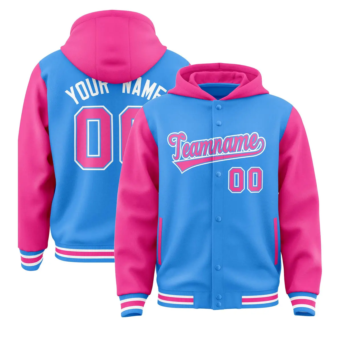 Powder Blue Pink Raglan Varsity Full-Snap Letterman Jacket Hoodie