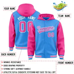 Powder Blue Pink Raglan Varsity Full-Snap Letterman Jacket Hoodie 4