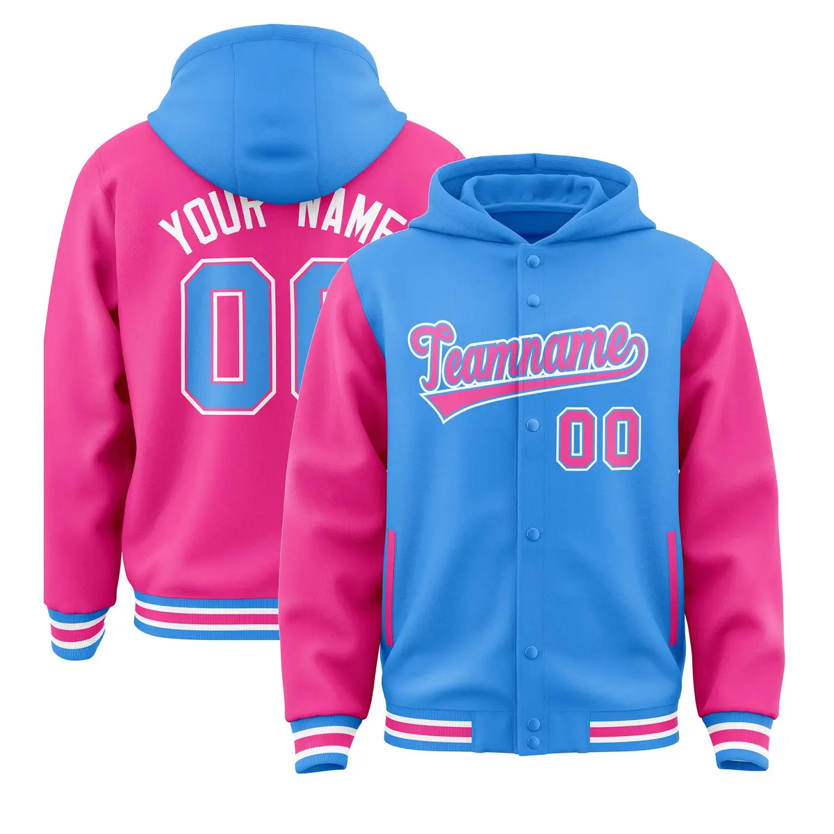 Powder Blue Pink Raglan Varsity Full-Snap Letterman Jacket Hoodie