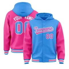 Powder Blue Pink Raglan Varsity Full-Snap Letterman Jacket Hoodie 1