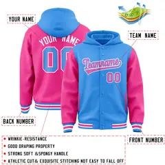 Powder Blue Pink Raglan Varsity Full-Snap Letterman Jacket Hoodie 4