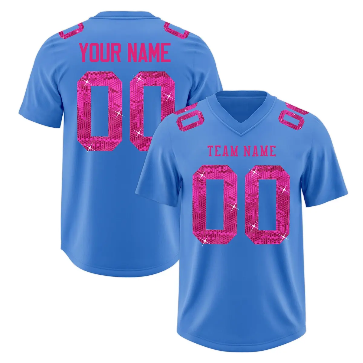 Powder Blue Pink Sequin Lettering Football Jersey