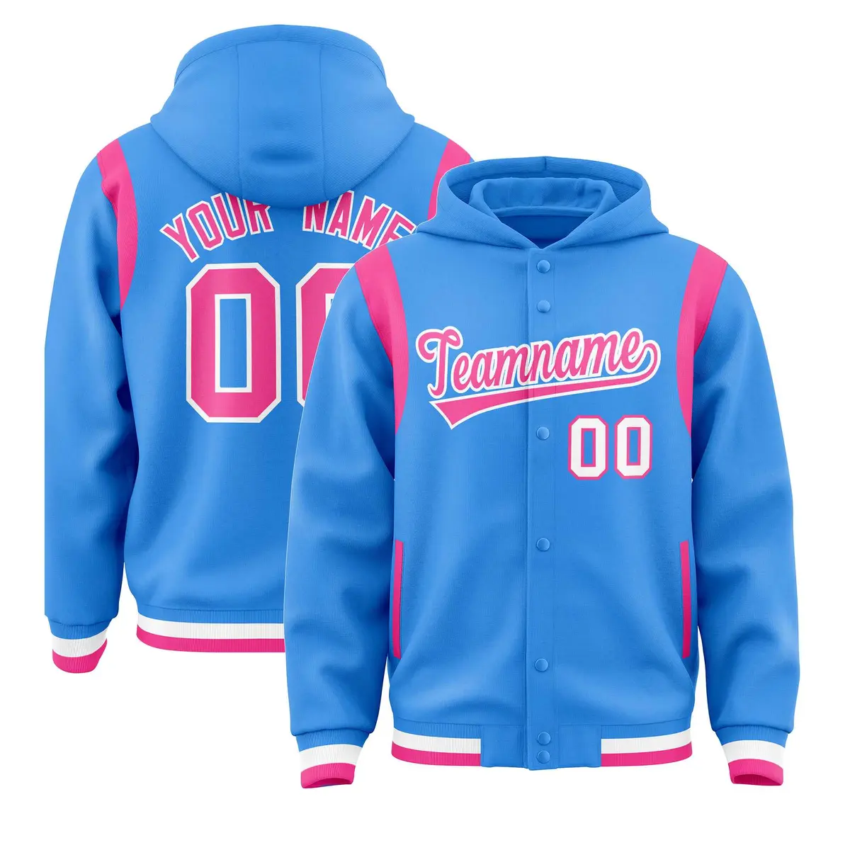 Powder Blue Pink Shoulder Color Block Varsity Letterman Jacket Hoodie
