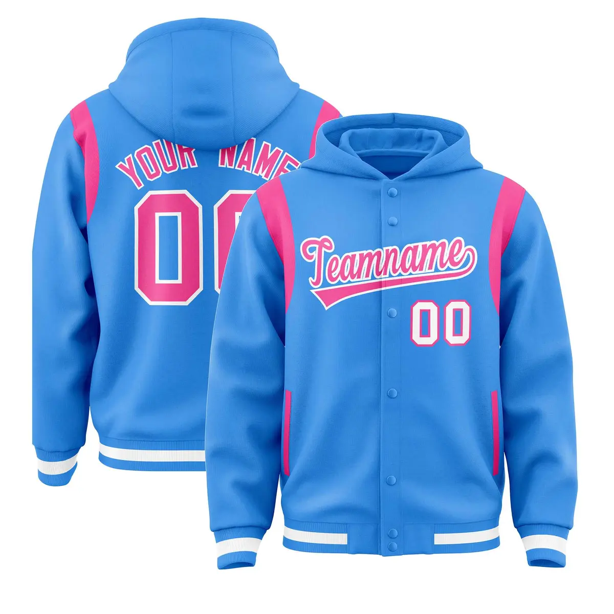 Powder Blue Pink Shoulder Color Block Varsity Letterman Jacket Hoodie