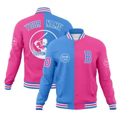 Powder Blue Pink Split Letterman Full-Snap Varsity Baseball Jacket