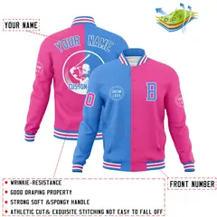 Powder Blue Pink Split Letterman Full-Snap Varsity Baseball Jacket 4