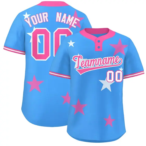 Powder Blue Pink Star Graffiti Two-Button Baseball Jersey