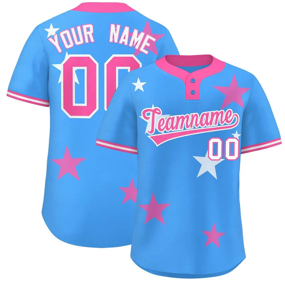 Powder Blue Pink Star Graffiti Two-Button Baseball Jersey