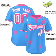 Powder Blue Pink Star Graffiti Two-Button Baseball Jersey 2