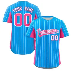 Powder Blue Pink Stripe Full Button Baseball Jersey 1