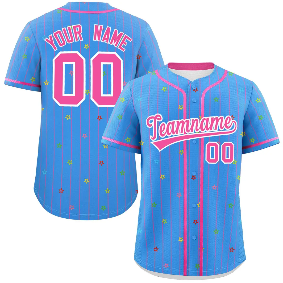 Powder Blue Pink Stripe Star Pattern Baseball Jersey