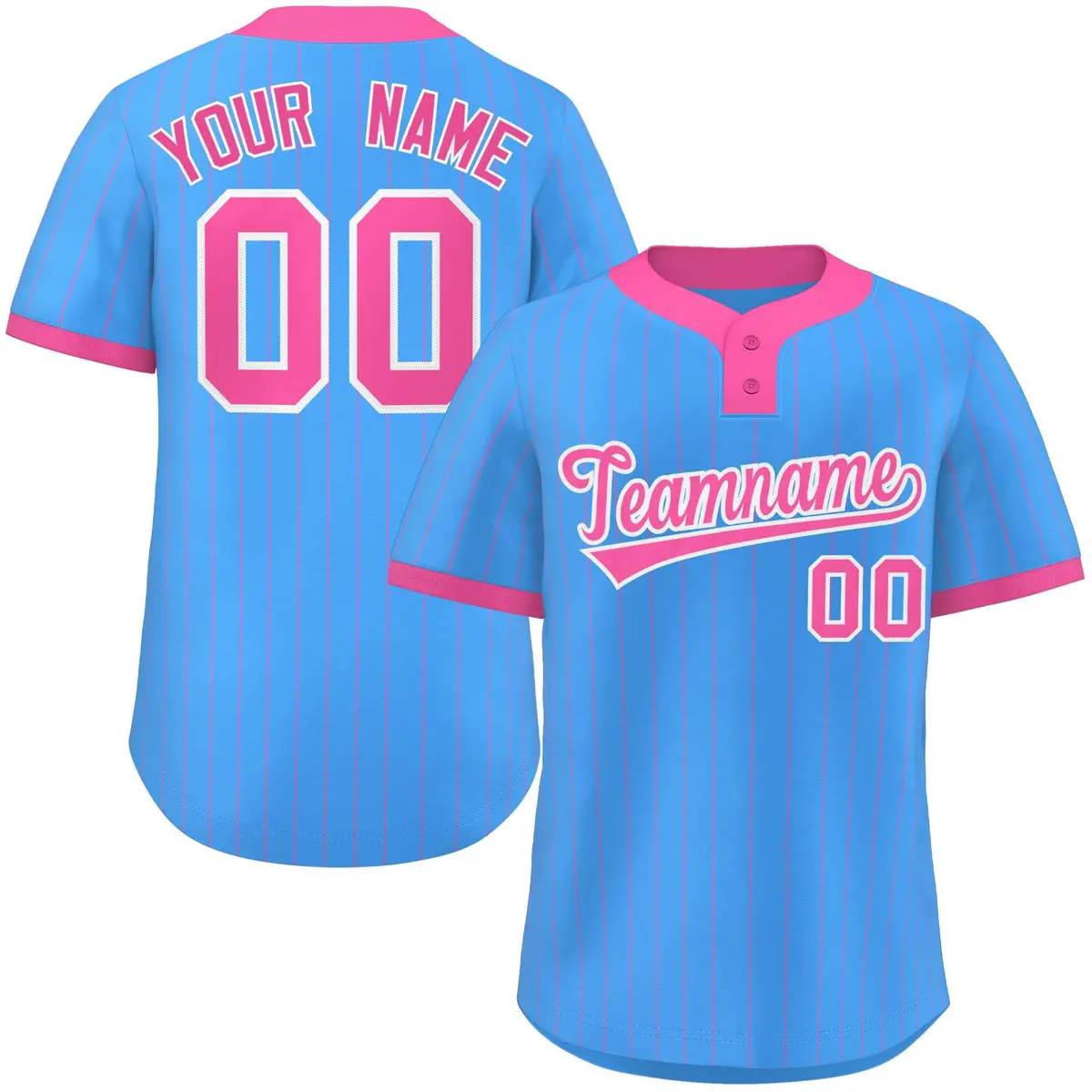 Powder Blue Pink Stripe Two-Button Softball Jersey