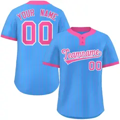 Powder Blue Pink Stripe Two-Button Softball Jersey