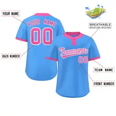 Powder Blue Pink Stripe Two-Button Softball Jersey 2