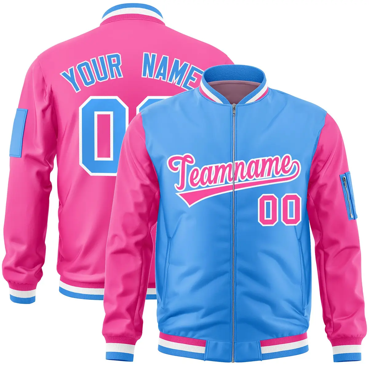 Powder Blue Pink Two-Tone Varsity Letterman Bomber Jacket