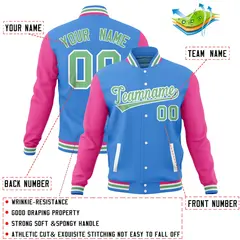 Powder Blue Pink Varsity Raglan Sleeves Letterman Baseball Jacket 4