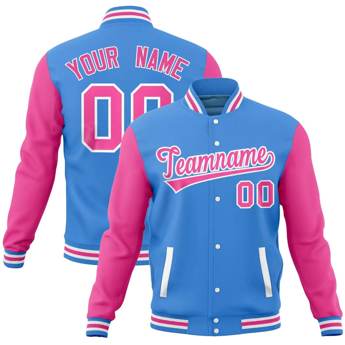 Powder Blue Pink Varsity Raglan Sleeves Letterman Baseball Jacket