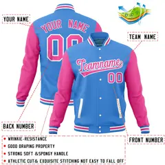 Powder Blue Pink Varsity Raglan Sleeves Letterman Baseball Jacket 4