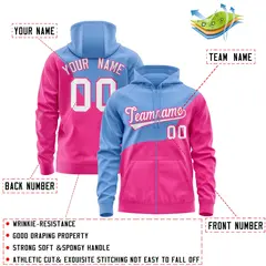 Powder Blue Pink Wave Color Block Varsity Full-Zip Letterman Hoodie 4