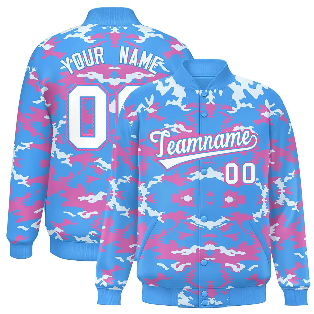 Powder Blue Pink-White Camo Varsity Full-Snap Letterman Jacket