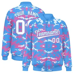Powder Blue Pink-White Camo Varsity Full-Snap Letterman Jacket