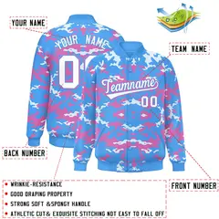 Powder Blue Pink-White Camo Varsity Full-Snap Letterman Jacket 2