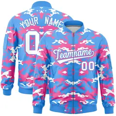 Powder Blue Pink-White Camo Varsity Full-Zip Letterman Bomber Jacket