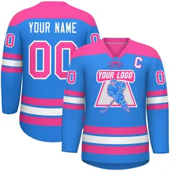 Powder Blue Pink White Classic Lace-Up Neck Hockey Jersey 1