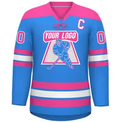 Powder Blue Pink White Classic Lace-Up Neck Hockey Jersey 3