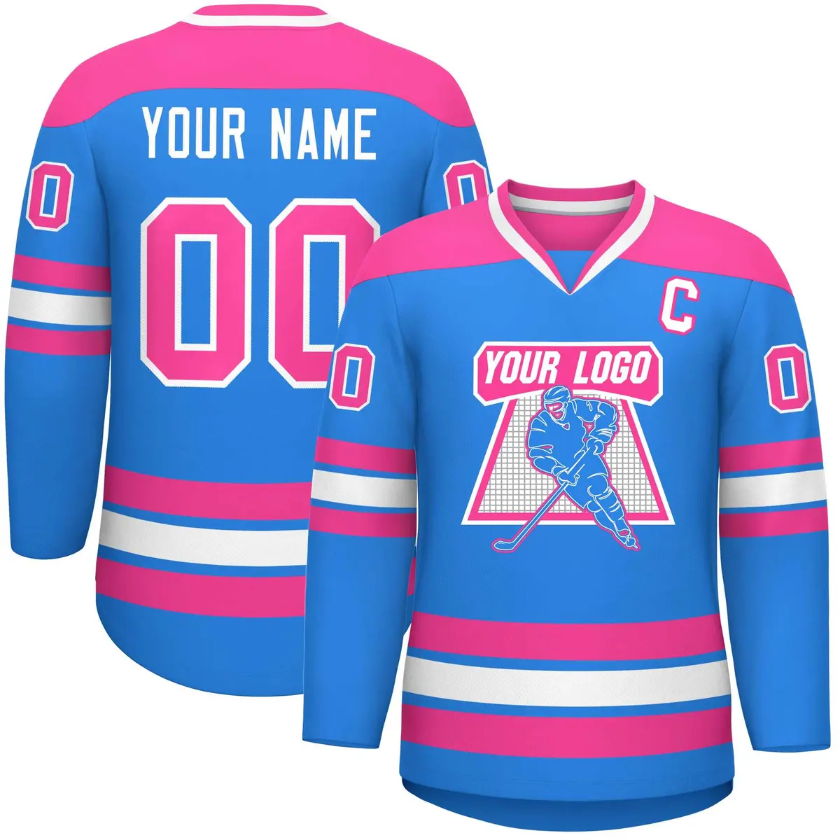 Powder Blue Pink-White Classic V-Neck Hockey Jersey