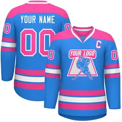 Powder Blue Pink-White Classic V-Neck Hockey Jersey
