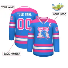 Powder Blue Pink-White Classic V-Neck Hockey Jersey 2