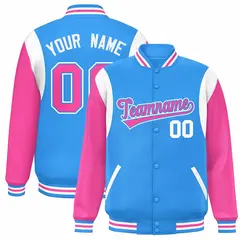 Powder Blue Pink-White Color Block Varsity Baseball Jacket