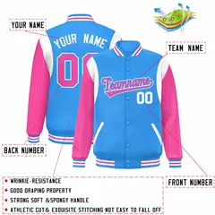 Powder Blue Pink-White Color Block Varsity Baseball Jacket 2