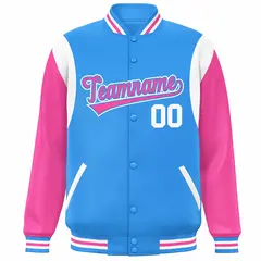 Powder Blue Pink-White Color Block Varsity Baseball Jacket 3