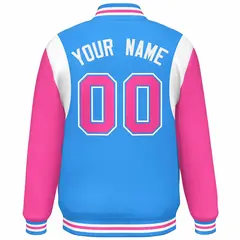 Powder Blue Pink-White Color Block Varsity Baseball Jacket 4