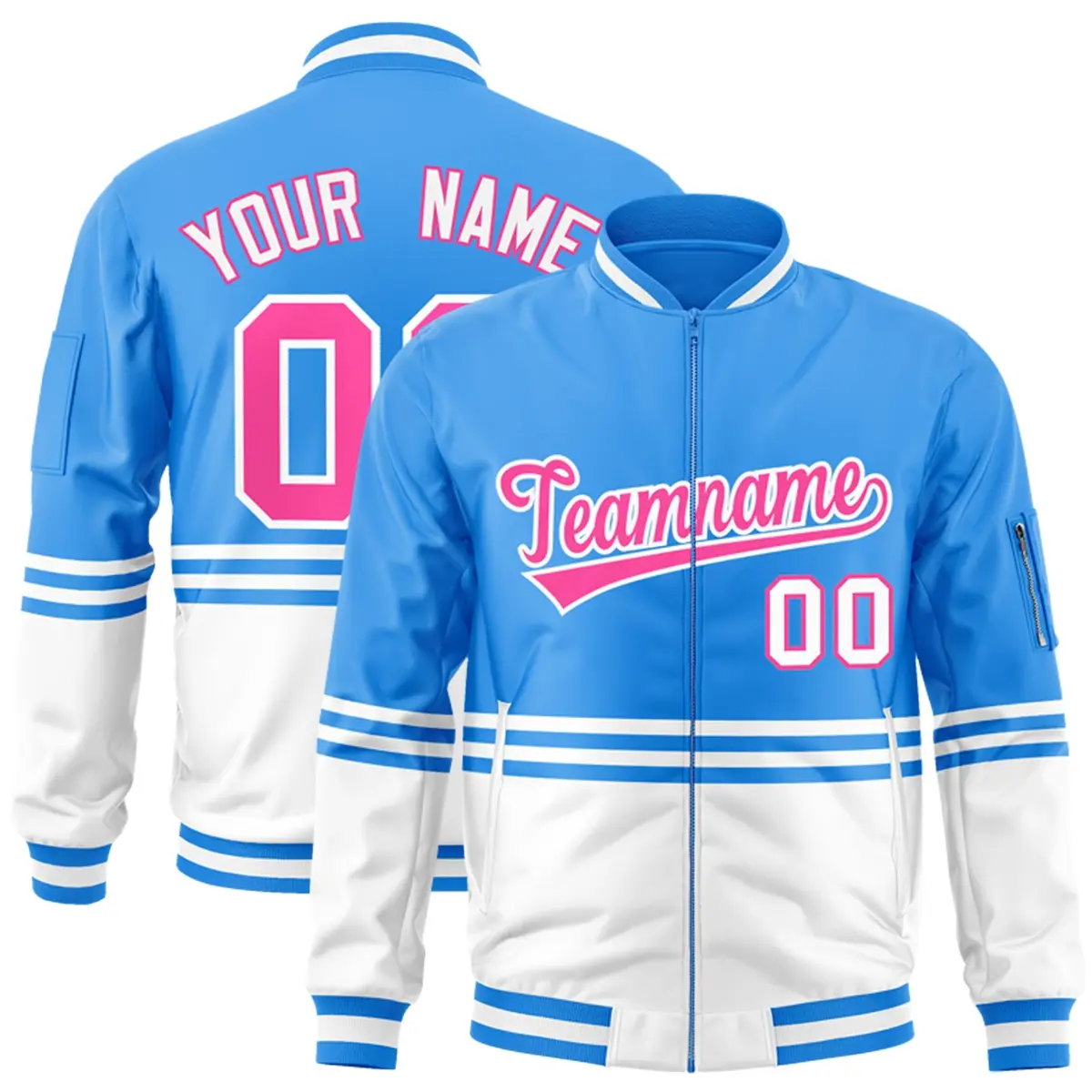 Powder Blue Pink-White Color Block Varsity Letterman Bomber Jacket