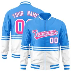 Powder Blue Pink-White Color Block Varsity Letterman Bomber Jacket 1