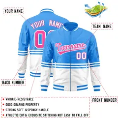 Powder Blue Pink-White Color Block Varsity Letterman Bomber Jacket 2