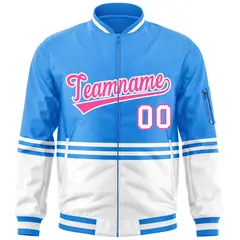 Powder Blue Pink-White Color Block Varsity Letterman Bomber Jacket 3
